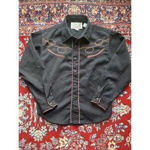 Vintage Roper Youth Medium 8-10 Pearl Snap Black Shirt Brown Embroidered
